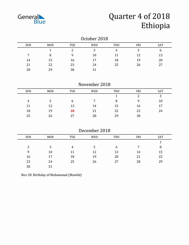 Quarter 4 2018 Ethiopia Quarterly Calendar