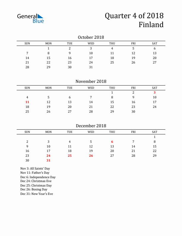 Quarter 4 2018 Finland Quarterly Calendar