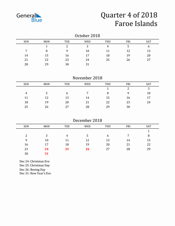 Quarter 4 2018 Faroe Islands Quarterly Calendar