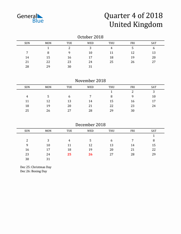 Quarter 4 2018 United Kingdom Quarterly Calendar