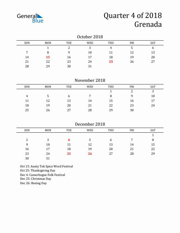 Quarter 4 2018 Grenada Quarterly Calendar