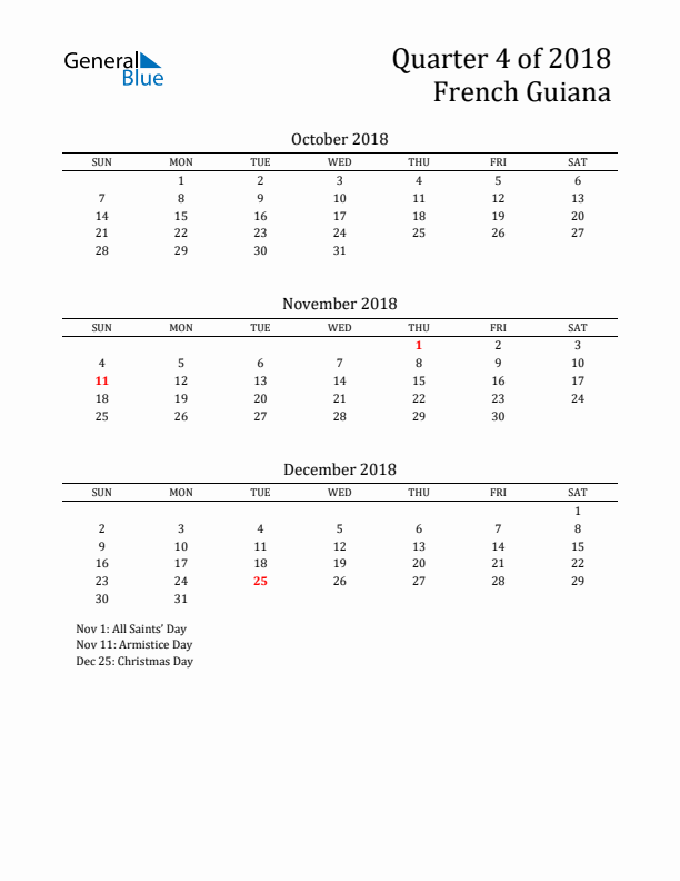 Quarter 4 2018 French Guiana Quarterly Calendar