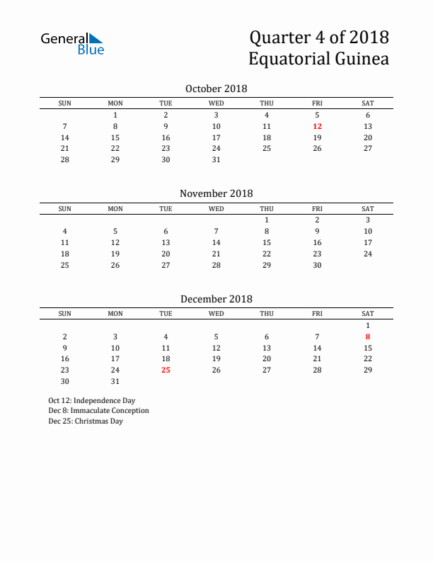 Quarter 4 2018 Equatorial Guinea Quarterly Calendar