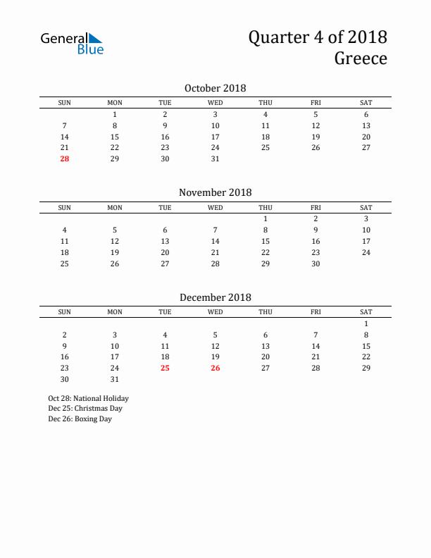 Quarter 4 2018 Greece Quarterly Calendar