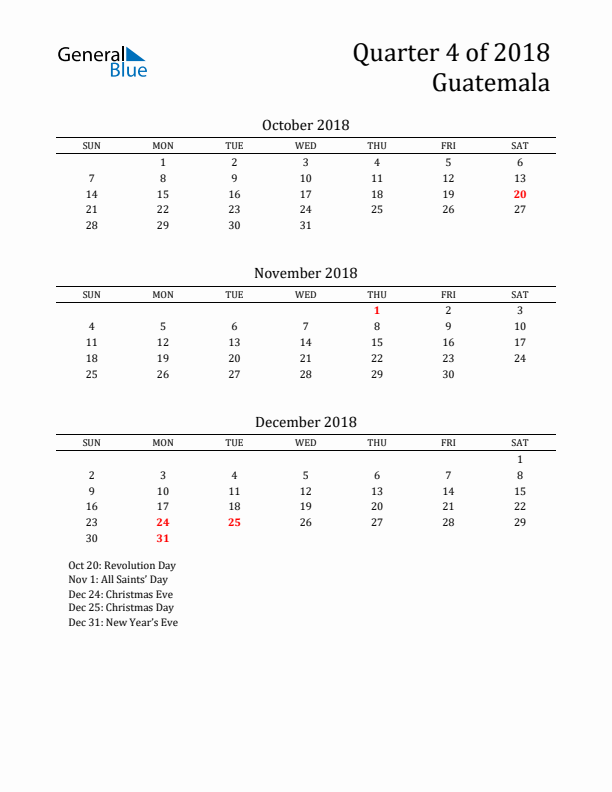 Quarter 4 2018 Guatemala Quarterly Calendar