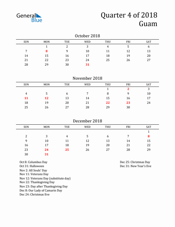 Quarter 4 2018 Guam Quarterly Calendar