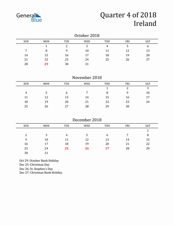 Quarter 4 2018 Ireland Quarterly Calendar