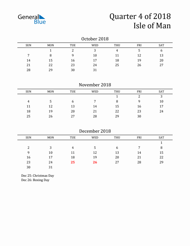 Quarter 4 2018 Isle of Man Quarterly Calendar