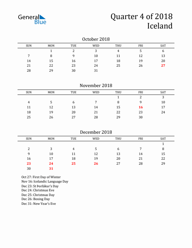 Quarter 4 2018 Iceland Quarterly Calendar