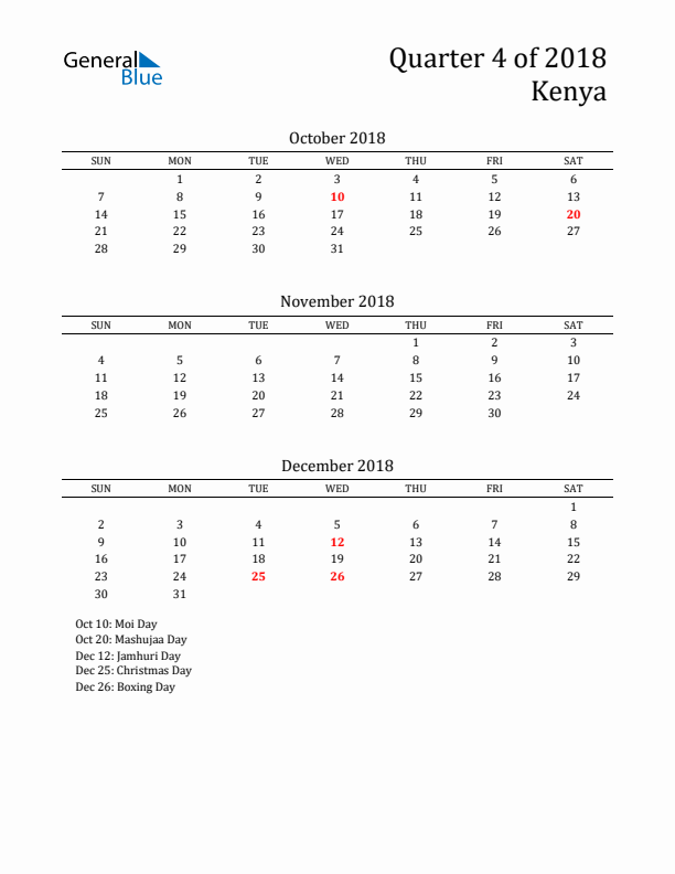 Quarter 4 2018 Kenya Quarterly Calendar