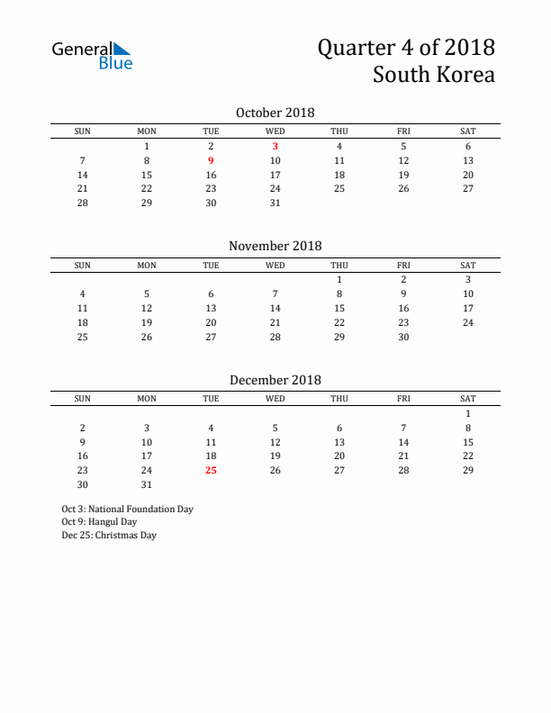 Quarter 4 2018 South Korea Quarterly Calendar