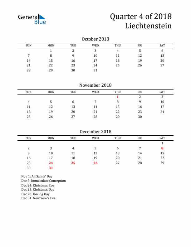 Quarter 4 2018 Liechtenstein Quarterly Calendar