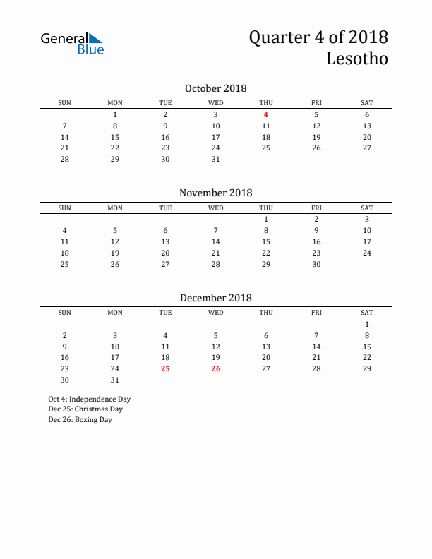 Quarter 4 2018 Lesotho Quarterly Calendar