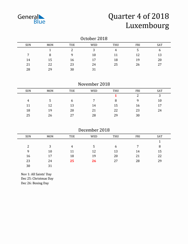 Quarter 4 2018 Luxembourg Quarterly Calendar