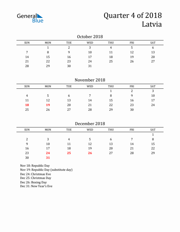 Quarter 4 2018 Latvia Quarterly Calendar