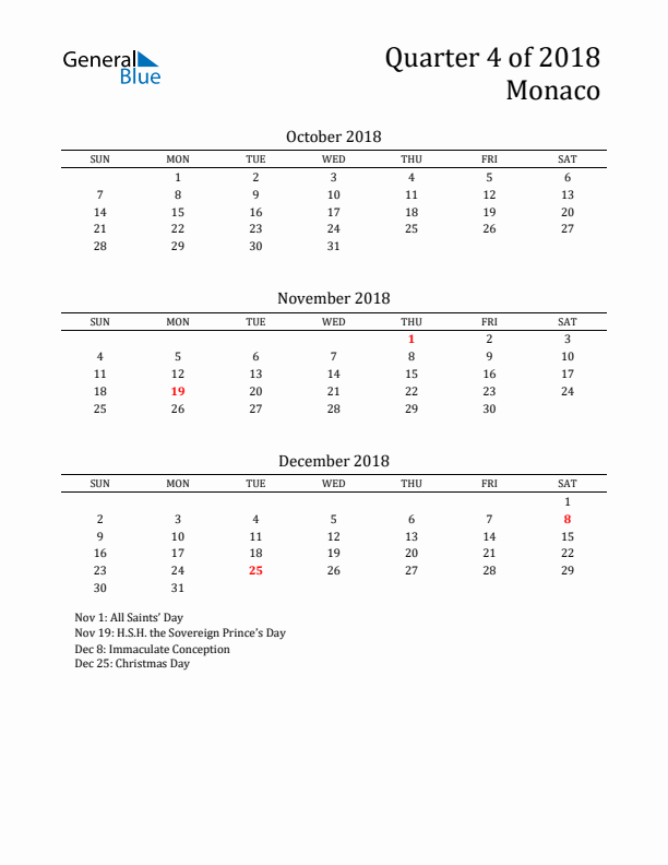 Quarter 4 2018 Monaco Quarterly Calendar