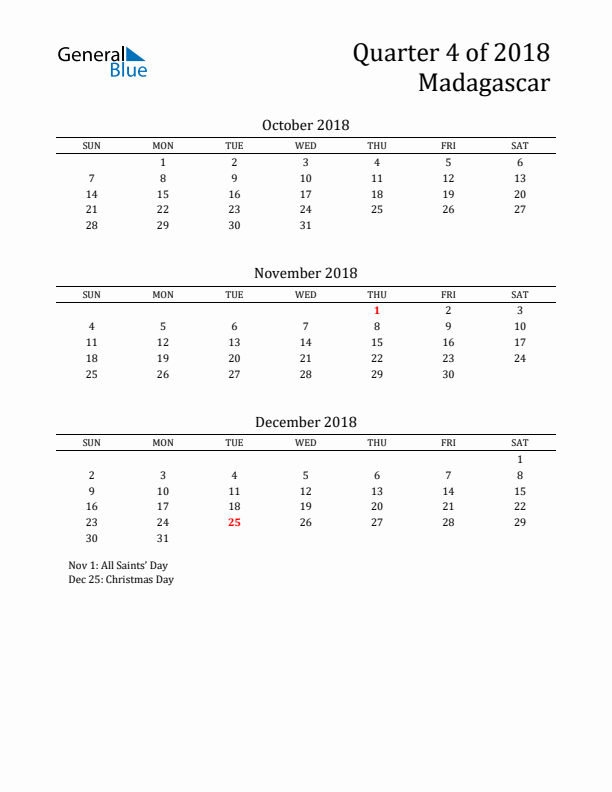 Quarter 4 2018 Madagascar Quarterly Calendar