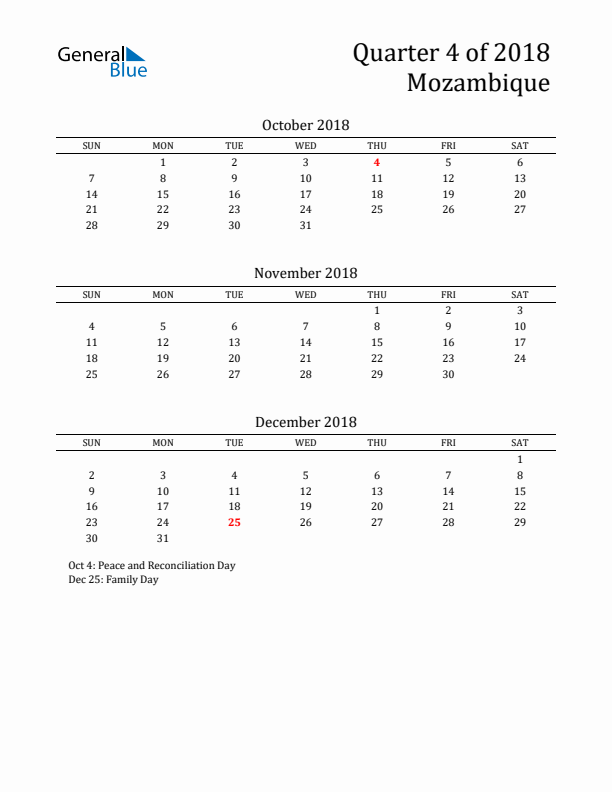 Quarter 4 2018 Mozambique Quarterly Calendar