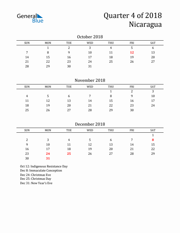 Quarter 4 2018 Nicaragua Quarterly Calendar