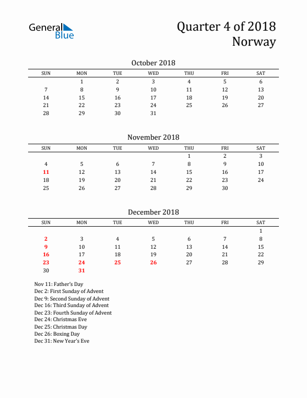 Quarter 4 2018 Norway Quarterly Calendar