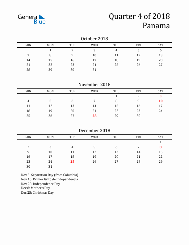 Quarter 4 2018 Panama Quarterly Calendar