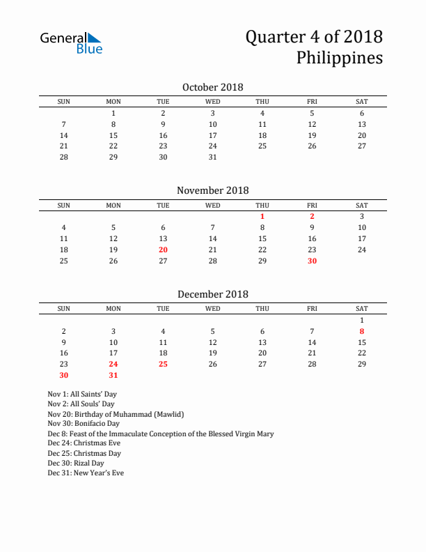 Quarter 4 2018 Philippines Quarterly Calendar