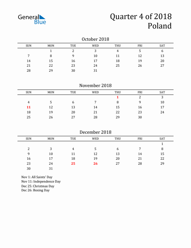 Quarter 4 2018 Poland Quarterly Calendar