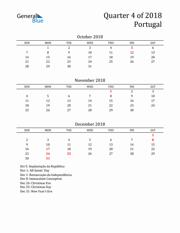 Quarter 4 2018 Portugal Quarterly Calendar