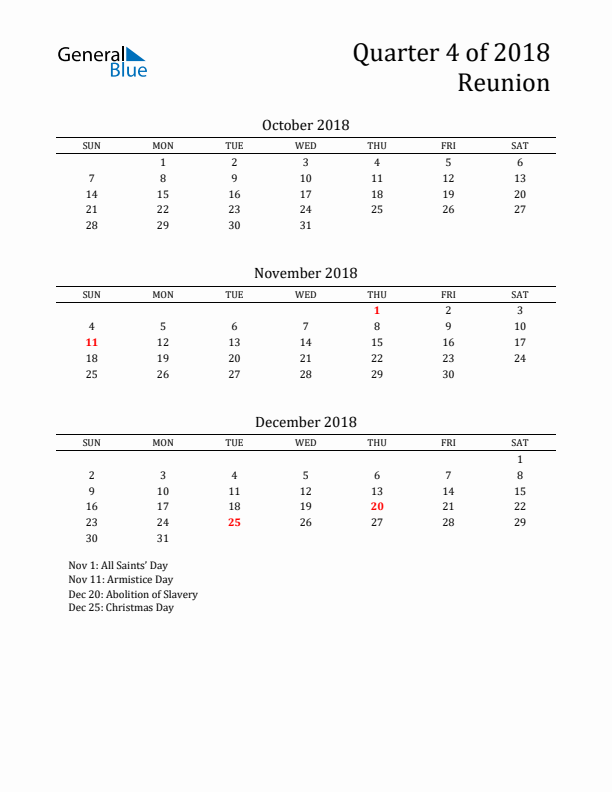 Quarter 4 2018 Reunion Quarterly Calendar