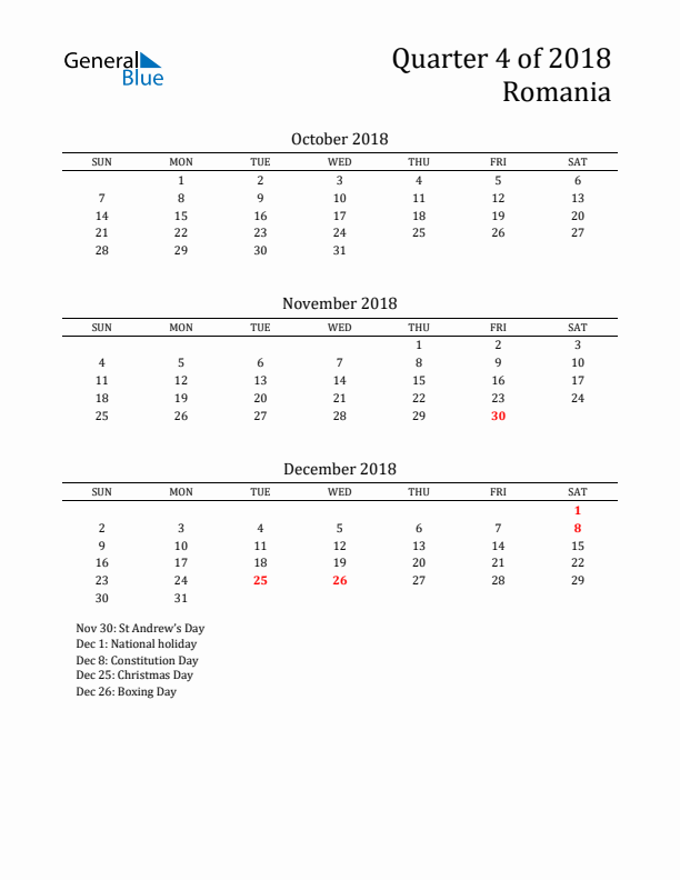 Quarter 4 2018 Romania Quarterly Calendar