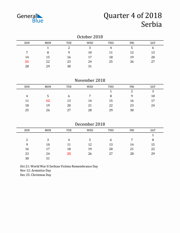 Quarter 4 2018 Serbia Quarterly Calendar