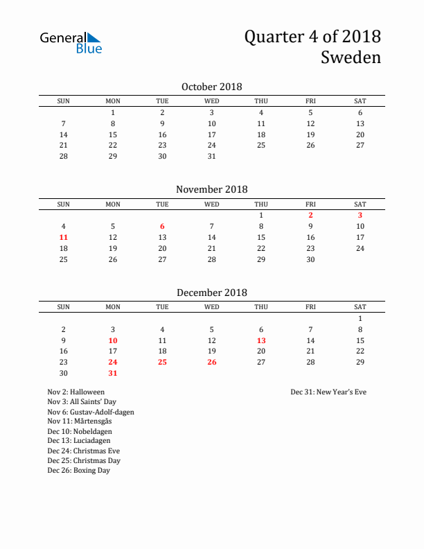 Quarter 4 2018 Sweden Quarterly Calendar