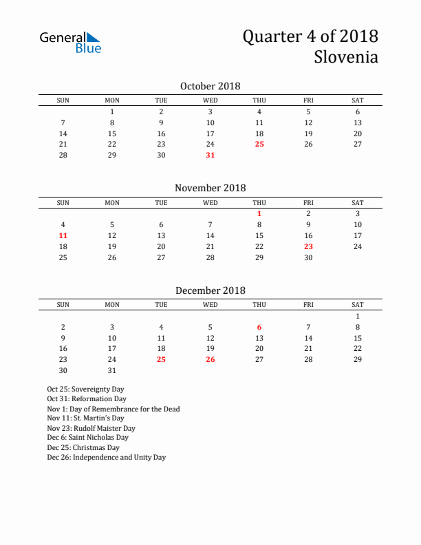 Quarter 4 2018 Slovenia Quarterly Calendar