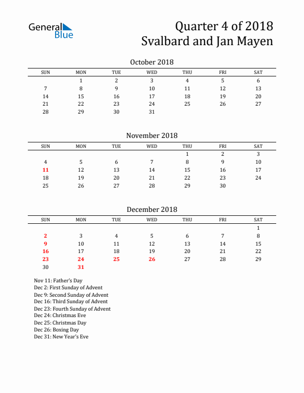 Quarter 4 2018 Svalbard and Jan Mayen Quarterly Calendar