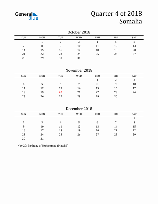 Quarter 4 2018 Somalia Quarterly Calendar