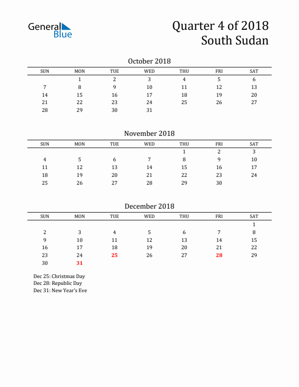 Quarter 4 2018 South Sudan Quarterly Calendar