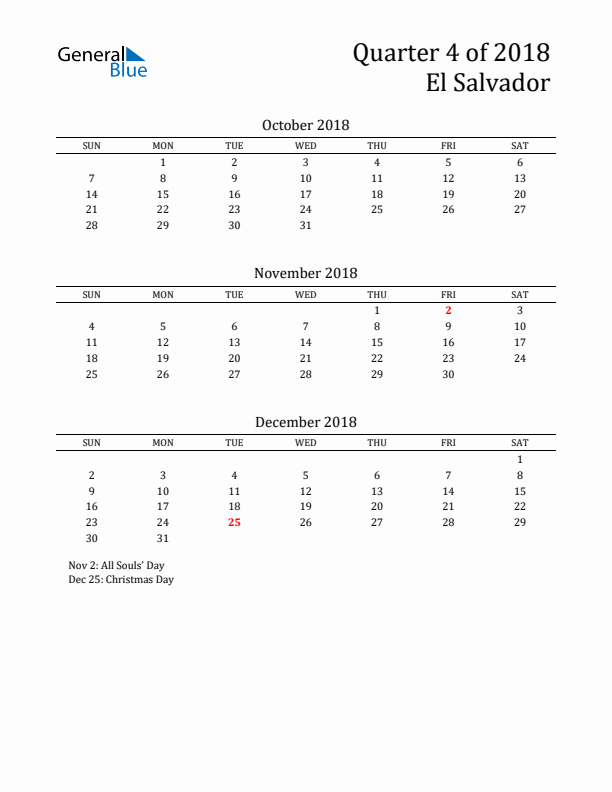 Quarter 4 2018 El Salvador Quarterly Calendar