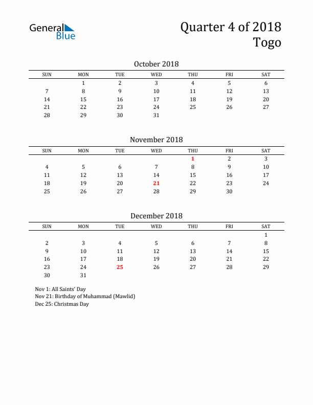 Quarter 4 2018 Togo Quarterly Calendar