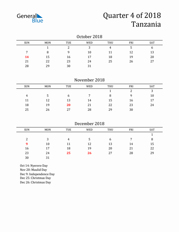 Quarter 4 2018 Tanzania Quarterly Calendar