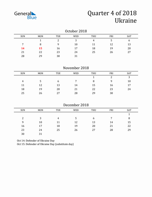 Quarter 4 2018 Ukraine Quarterly Calendar