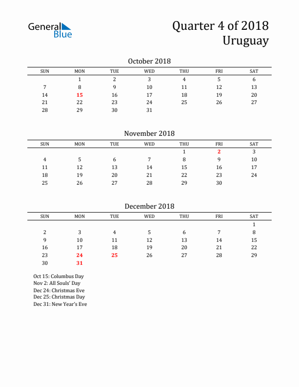 Quarter 4 2018 Uruguay Quarterly Calendar