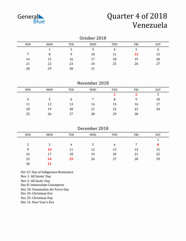 Quarter 4 2018 Venezuela Quarterly Calendar