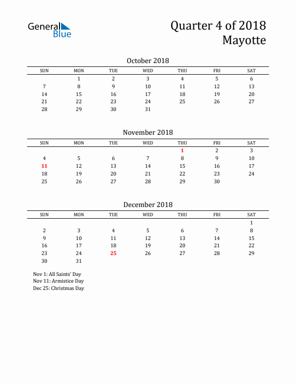 Quarter 4 2018 Mayotte Quarterly Calendar