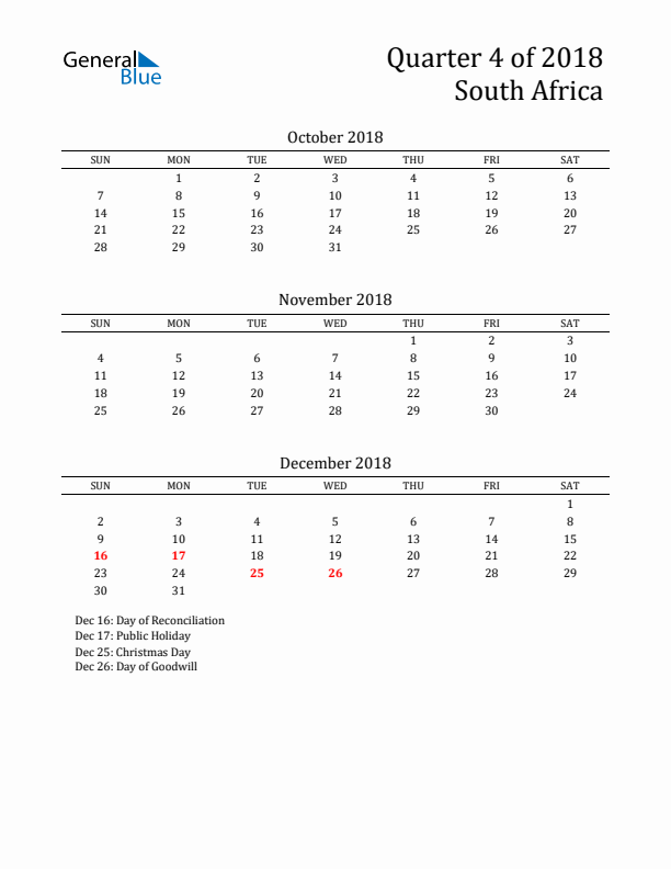 Quarter 4 2018 South Africa Quarterly Calendar