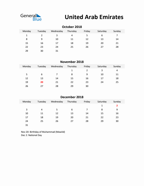 Printable Quarterly Calendar with Notes and United Arab Emirates Holidays- Q4 of 2018