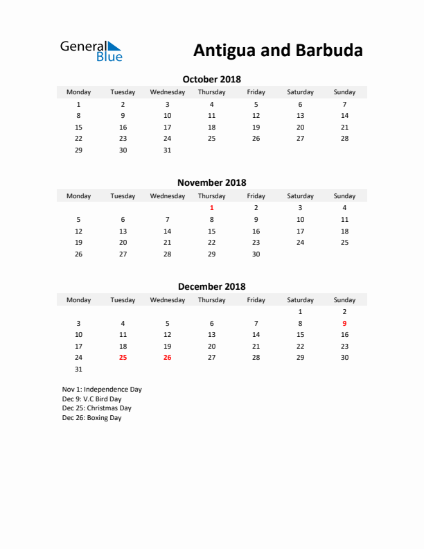 Printable Quarterly Calendar with Notes and Antigua and Barbuda Holidays- Q4 of 2018