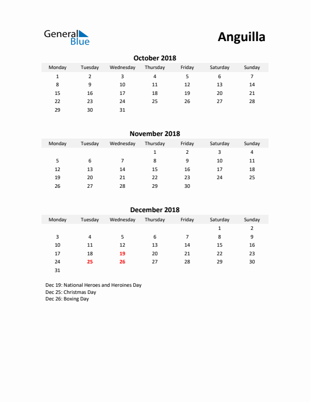 Printable Quarterly Calendar with Notes and Anguilla Holidays- Q4 of 2018