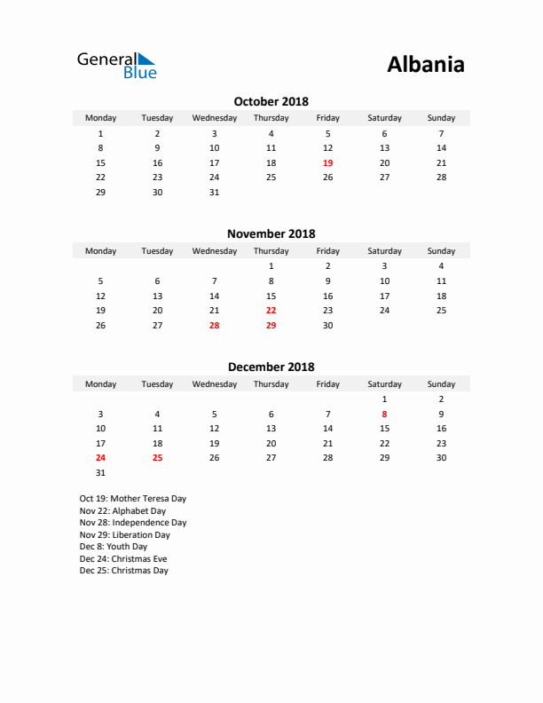 Printable Quarterly Calendar with Notes and Albania Holidays- Q4 of 2018