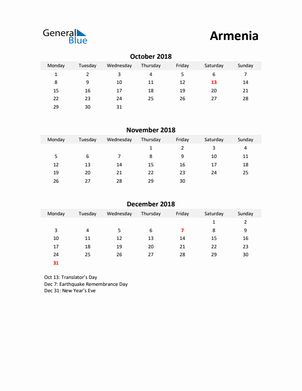 Printable Quarterly Calendar with Notes and Armenia Holidays- Q4 of 2018