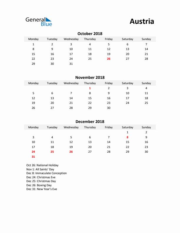 Printable Quarterly Calendar with Notes and Austria Holidays- Q4 of 2018